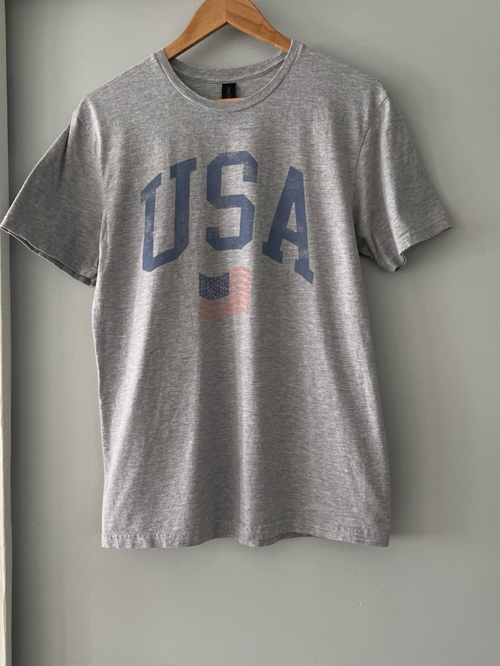 Gildan Gray USA Graphic Short Sleeve Tee with Blue Lettering